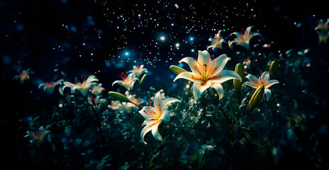 Wall Mural - Cosmic Garden - Flowers in the Starry Sky Background | Generative IA