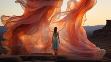 Abstract Colorful Smoke Scarf Blowing In The Wind Over A Desert Landscape With A Woman In Silhouette. Concept Art Sunset. 