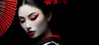 Portrait of a japanese Geisha in traditional clothes on black background.  Image generative AI.