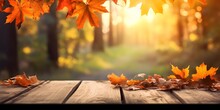 Autumn Table - Orange Leaves And Wooden Plank At Sunset In Forest, AI Generative