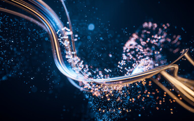 Sticker - Flowing curve and particles background, 3d rendering.