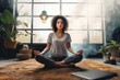 © pixardi - Young Latina meditates at home with laptop lesson. Photo generative AI