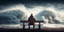 An Elderly Man In A Warm Jacket Sits On A Wooden Bench And Looks At The Huge Waves Of The Raging Sea Directly In Front Of Him. Generative AI