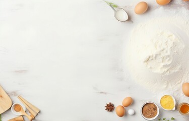 baking background. cooking ingredients for dough, eggs, flour, sugar, butter, rolling pin on white s