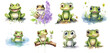 set of watercolor cute frogs isolated on background, png Sticker shirt design, generated ai