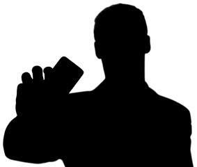 Digital png illustration of black silhouette of man holding smartphone on transparent background