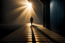 Mysterious Silhouette Of A Man Walking On The Street Night. Spotlight Street Lights In The Middle Of The Dark Night