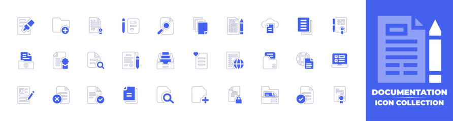 Documentation icon collection. Duotone style line stroke and bold. Vector illustration. Containing document, add, file, recycled paper, cloud, folder, laptop, contract, patent, and more.
