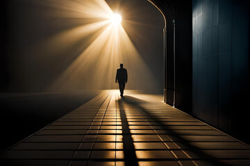 mysterious silhouette of a man walking on the street night. spotlight street lights in the middle of