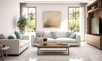 Wall Mural - cozy modern bright light living room with sofa, generative ai