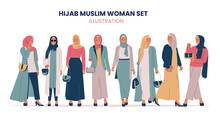 Vector Set Of Stylish Muslim Women. Female Muslim Hijab Dress Collection. Flat Vector Illustration Isolated On White Background