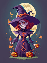 Halloween Witch With Pumpkin Vector Illustration