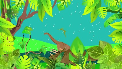 Wall Mural - Scene from the dinosaurs age, rainy day animation