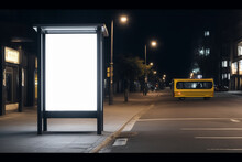Blank Advertising Light Box On Bus Stop, Mockup Of Empty Ad Billboard On Night Bus Station, Template Banner On Background City Street For Poster Or Sign, Afisha Board And Headlights Of Taxi Cars