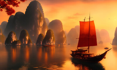 Wall Mural - beautiful illustration of Sunset over the Hạ Long Bay Vietnam