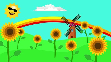 Wall Mural - Sunflowers and sun, sunny day 2d cartoon animation