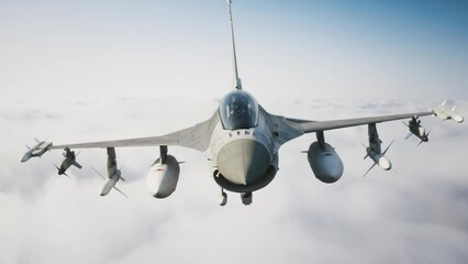 Poster - F-16 Fighting Falcon. Jet fighter flying above the clouds