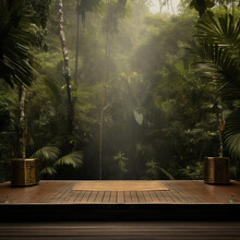 Empty Pedestal In A Dense Monsoon Forest. Mockup, The Creator Of The Scene. Illustration, AI Generation.