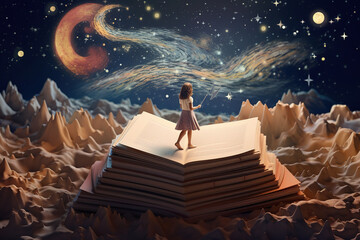  girl stand on a giant book opened on ground with fairytale nature