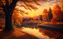 Sunset Over The River In Autumn Fall Season, Illustration, Generative Ai