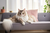 Fototapeta  - Image of cute norwegian forest cat lying on sofa. Pet. animals. Illustration, Generative AI.