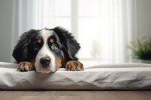 Image Of Cute Bernese Mountain Dog Lying On Sofa. Pet. Animals. Illustration, Generative AI.