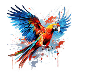 Poster - Image of colorful flying macawt painting on white background. Bird. Wildlife Animals. Illustration, Generative AI.