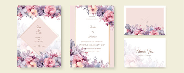 Fototapete - Watercolor wedding invitation template with romantic pink floral and leaves decoration
