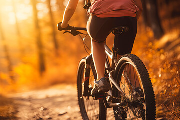 Wall Mural - A woman on a mountain bike rides on the road against the backdrop of a forest landscape.