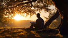 Man Sitting And Reading A Book Under A Tree Is A Reflective Image Beautiful Evening