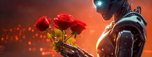 Cute Modern Robot With A Bouquet Of Red Roses, Gift To Celebrate, Banner Made With Generative AI