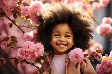 Little african american girl with afro hairstyle in pink flowers in garden