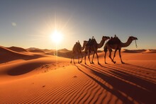 Arabs With Camels Tour In The Sahara Desert With Guided Berber Dubai Tour In Morning. Sunrise. Generative Ai.