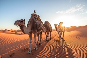 Wall Mural - Arabs with Camels Tour in the Sahara Desert with Guided Berber Dubai Tour in Morning. Sunrise. Generative Ai.