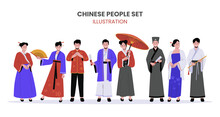 Chinese Man And Woman In Traditional Clothes Vector Illustrations. Group Chinese Male And Female Cartoon Characters. Flat Vector Illustration Isolated On White Background