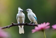 Couple Of Bali Starling Birds Sitting On Stick With  Flowers .generated Ai Technology