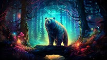Illustration Of Psychadelic Bear In A Glowing Enchanted Forrest. 8k Resolution