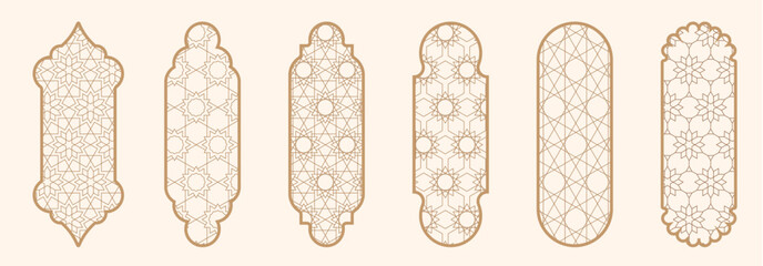 Islamic window shape with mashrabiya pattern. Arabic door frame. Islamic arhitecture elements of window and door and mashrabiya pattern.