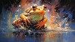 painting style illustration, frog jumping in pond with water splash, generative Ai