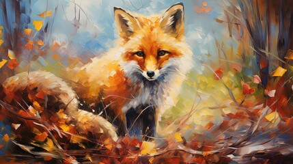 Wall Mural - painting style illustration red fox in autumn forest, Generative Ai