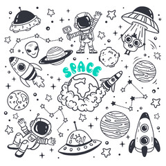 set of cosmos in doodle style: astronaut, planets, stars, rocket and alien, monster, ufo for design.