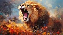 Painting Style Illustration, Big Lion Roar With Color Splash, Generative Ai