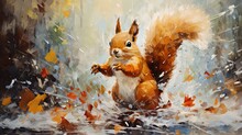 Painting Style Illustration Cute Squirrel In Autumn Wood, Generative Ai