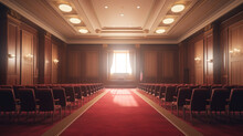 A Photo Realistic Image Of An Empty Courtroom With A Red Carpet And Chandeliers AI Generated