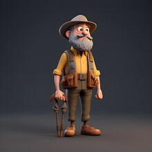 Old Man In Safari Outfit With A Cane. 3d Illustration