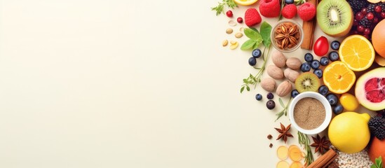 Poster - Photo of a colorful assortment of fresh fruits and vegetables on a clean white background with copy space