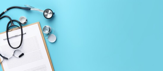 Photo of a stethoscope and a book on a blue background with plenty of copy space with copy space