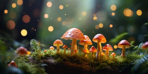 magical forest with mushrooms. Created with generative AI technology.