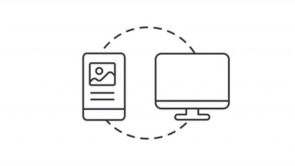 Cross platform line animation. Information appears on mobile and computer screens animated icon. Data exchange. Black illustration on white background. HD video with alpha channel. Motion graphic