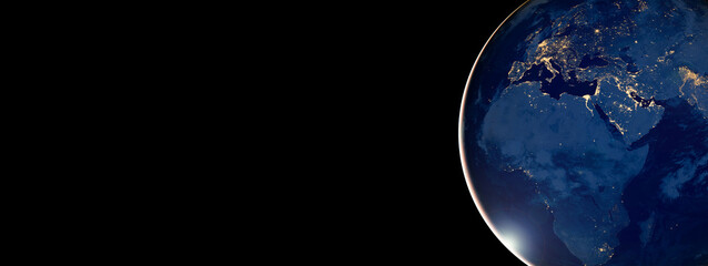 Wall Mural - earth at night from space on black background banner. elements of this image furnished by nasa.